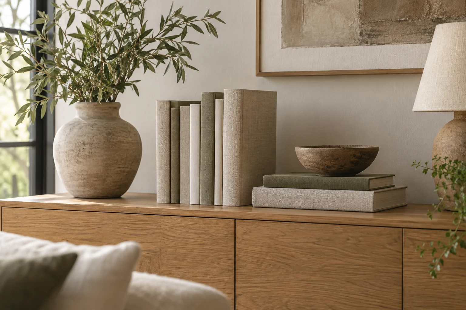Plain fabric-covered books arranged on an oak cabinet
