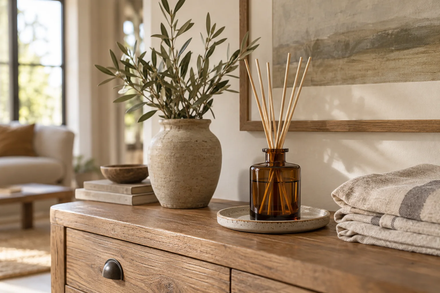 An amber reed diffuser on a saucer atop a sideboard