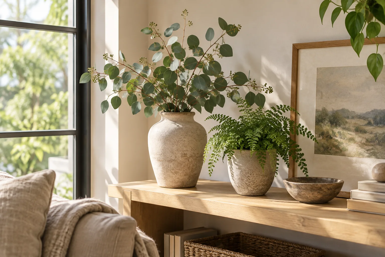 Two leafy arrangements in clay pots beside a bright window