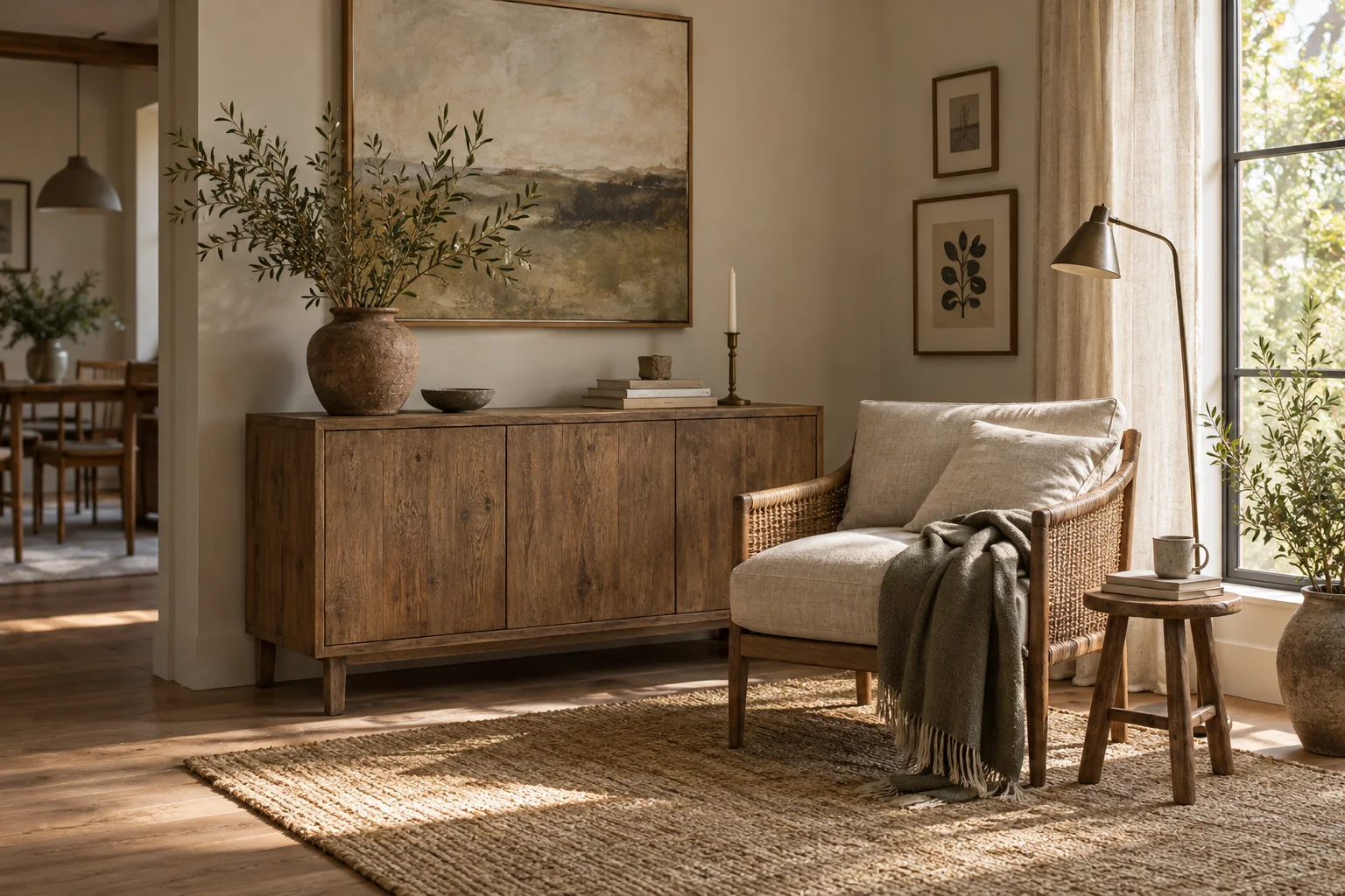 A reading chair and sideboard with restrained ceramic accents