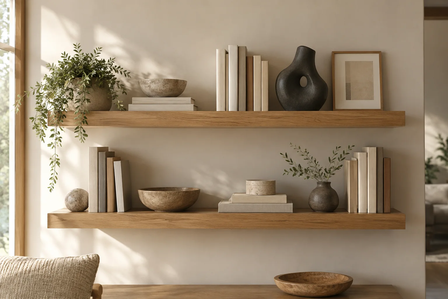 Floating shelves with staggered books and sculptural ceramics