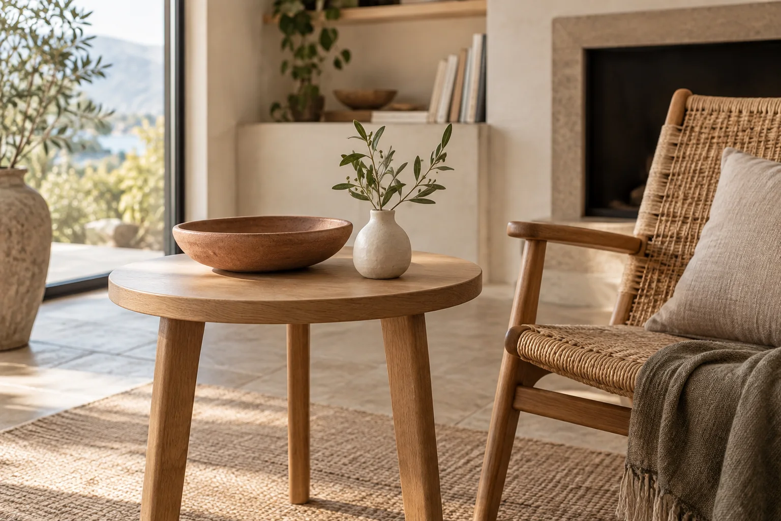 A low terracotta dish and small bud vase on a round side table