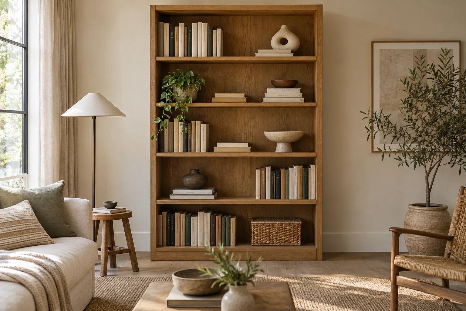 An oak bookcase with grouped books, pottery and open space