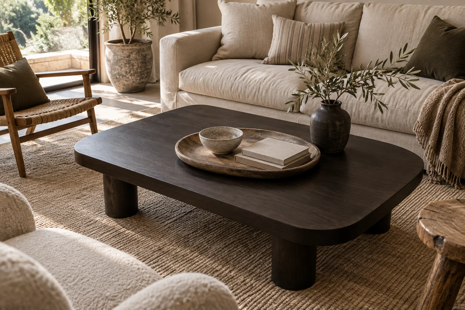 A low tray and linen-covered books on a dark coffee table