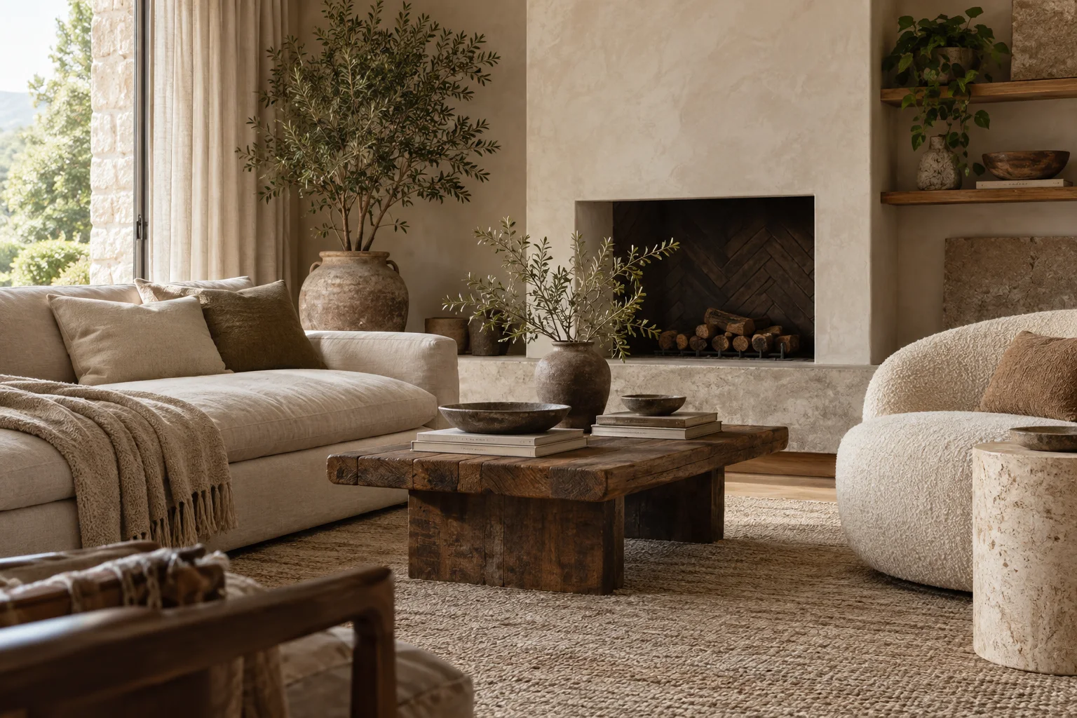 A neutral sitting area combining linen, wood and textured stone