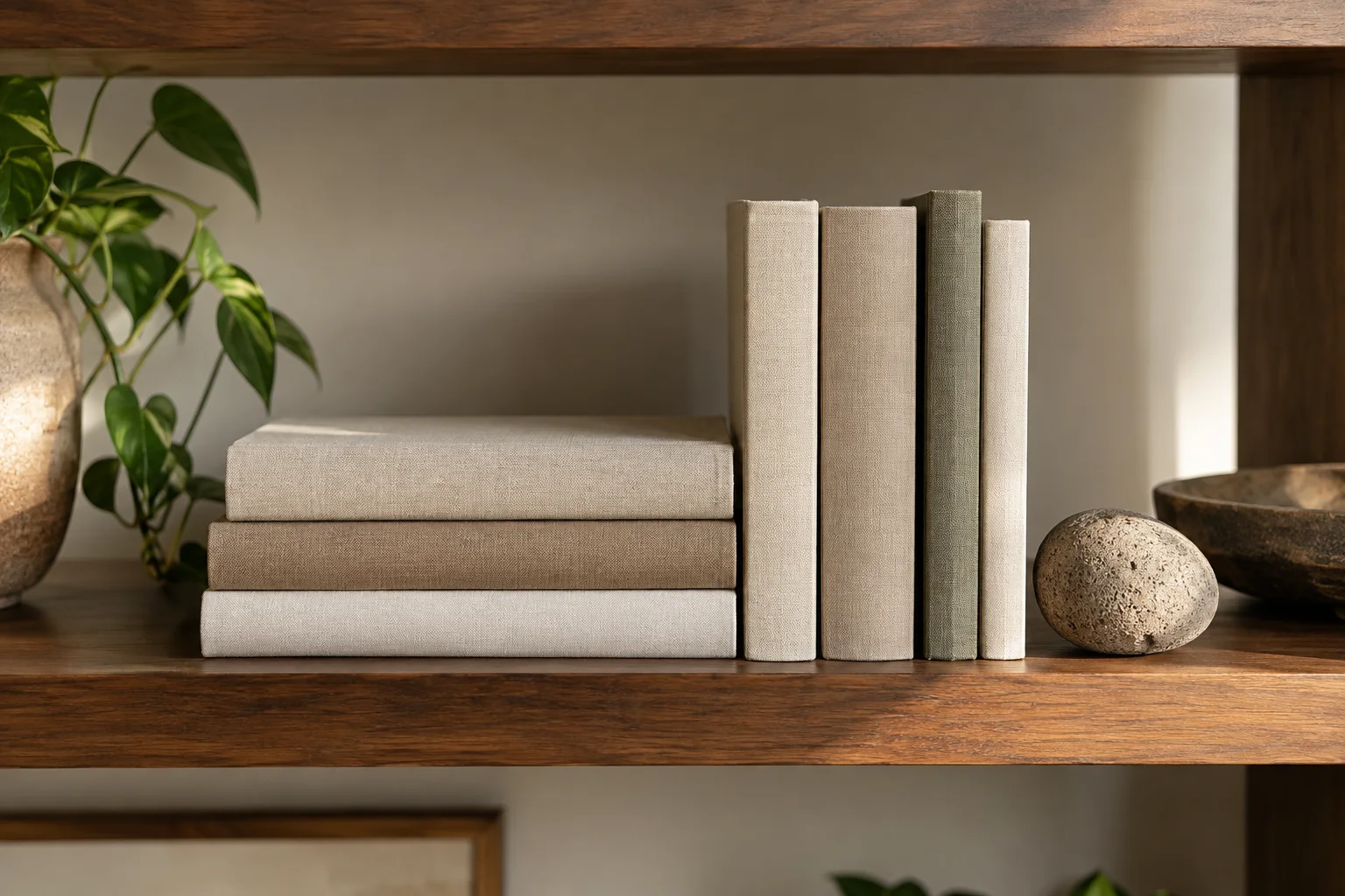 Horizontal and upright book arrangements on a walnut shelf