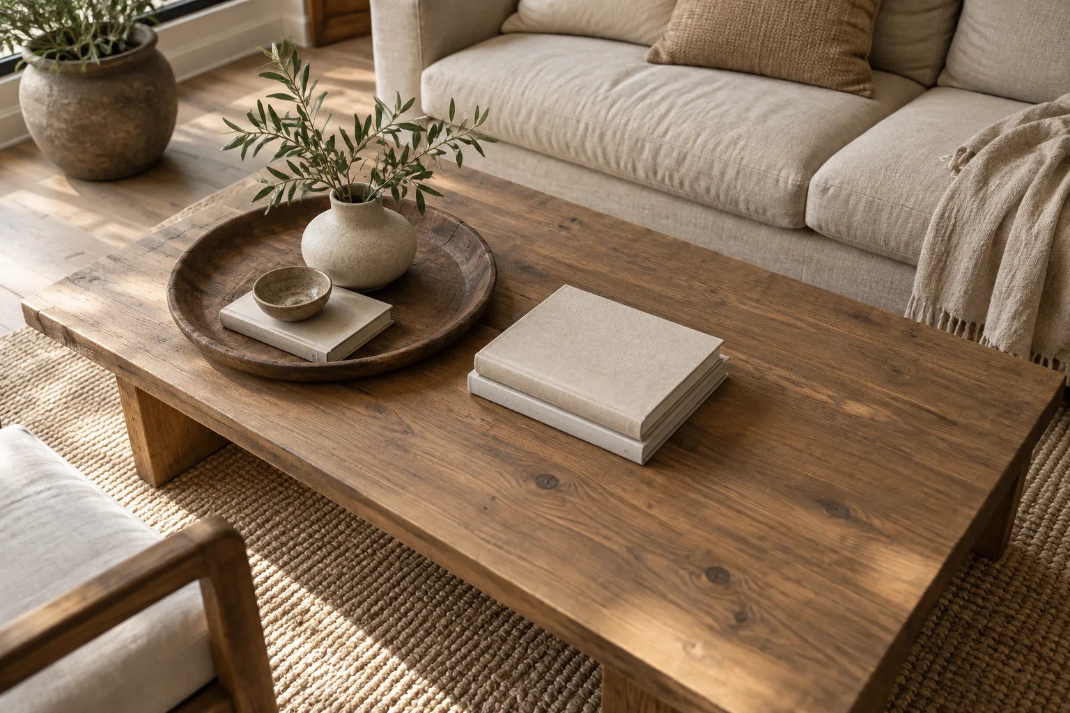 A coffee table arrangement leaving open space for everyday use