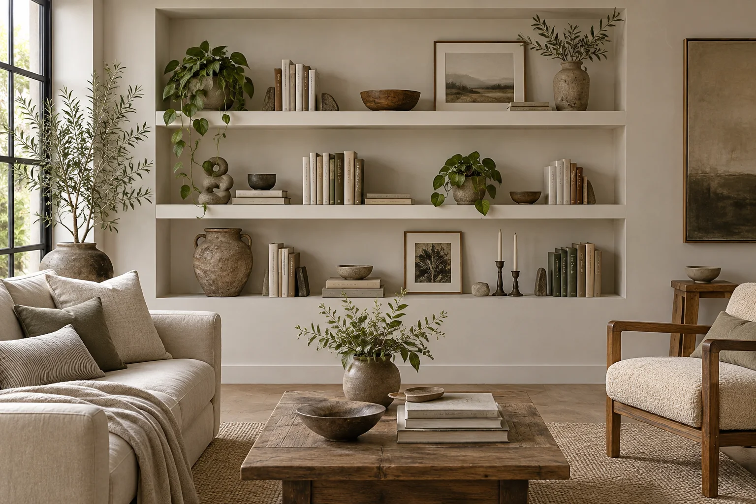 Living room shelves with offset groups and open intervals