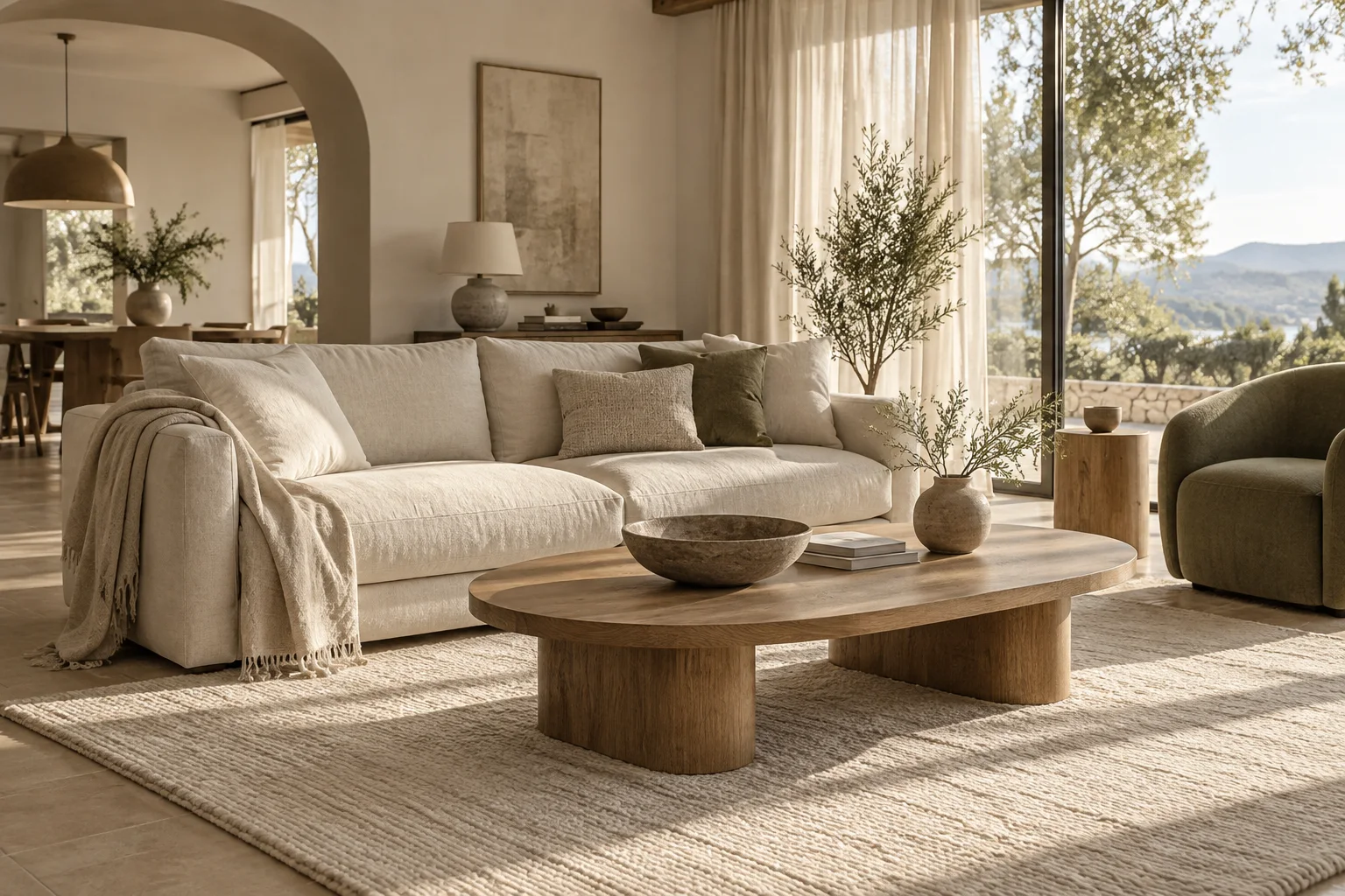 An oatmeal sofa and curved oak table in a sunlit living room