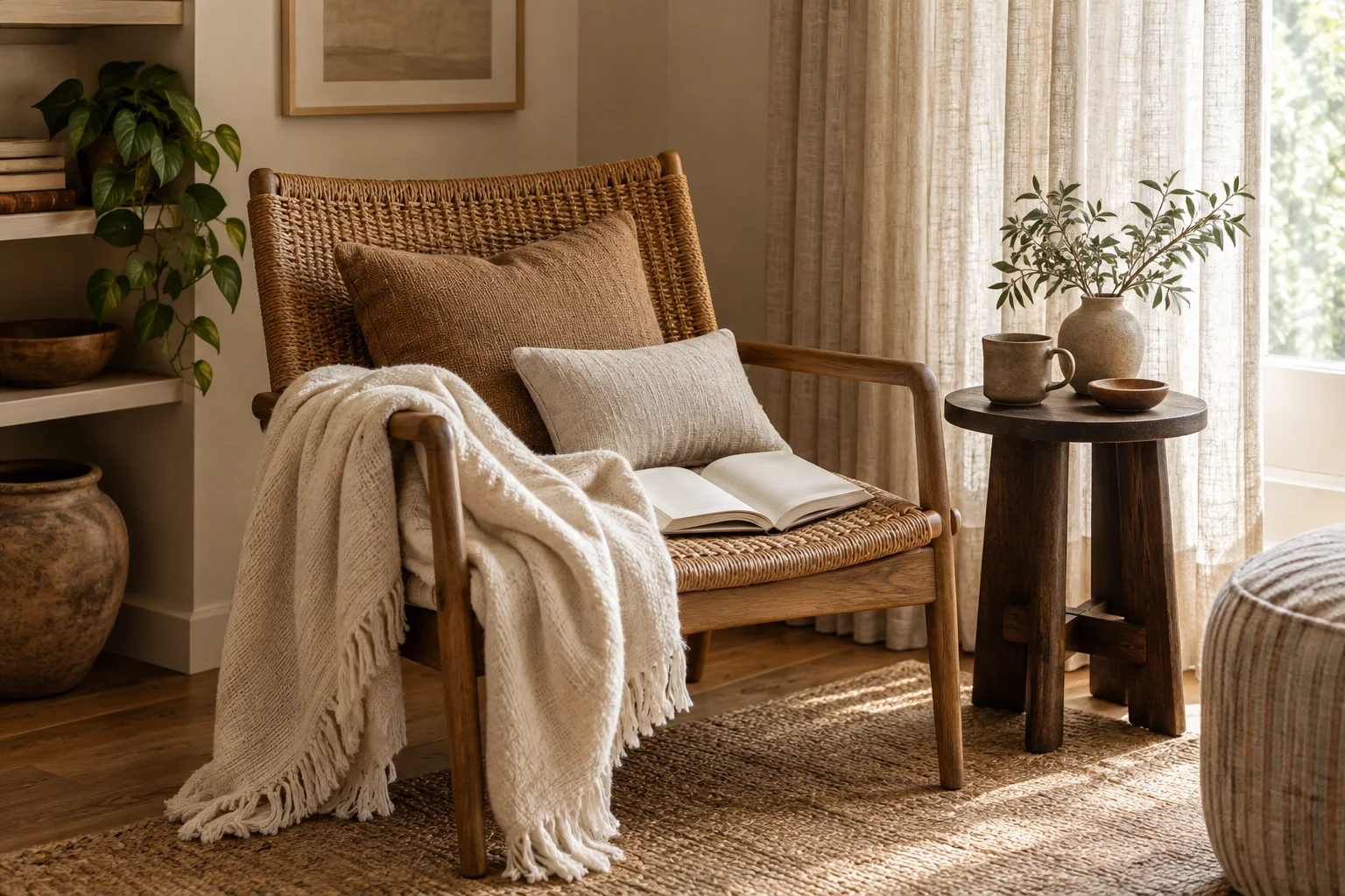 A woven armchair and linen throw beside a sunlit reading table