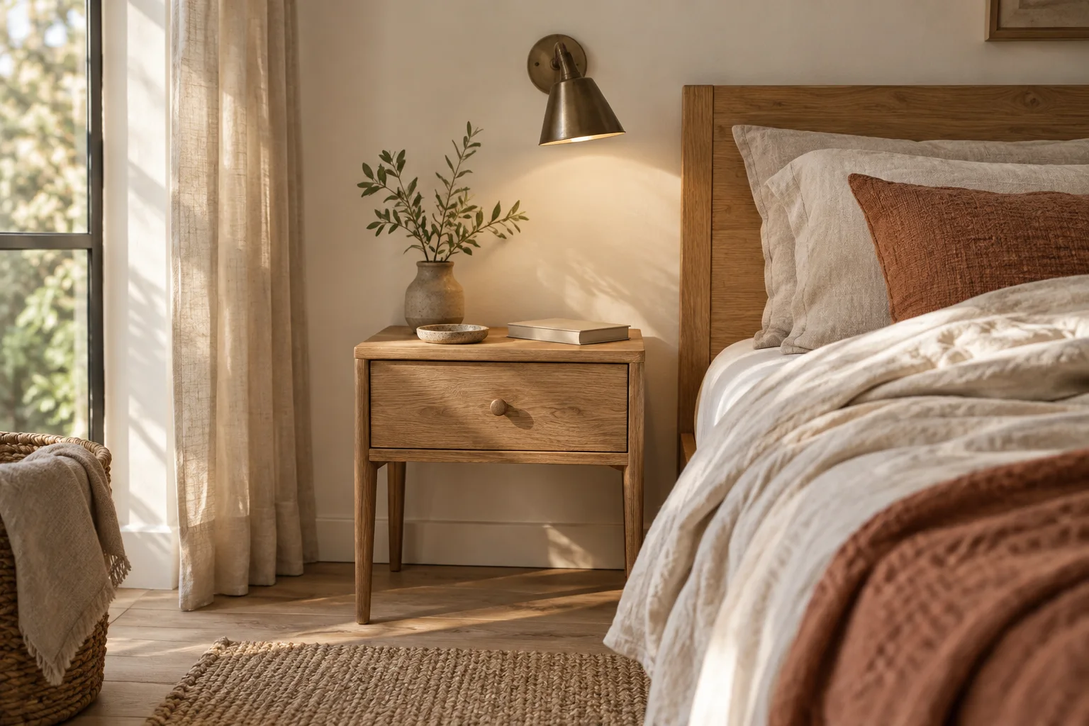 A compact bedside table with a book and shallow catchall