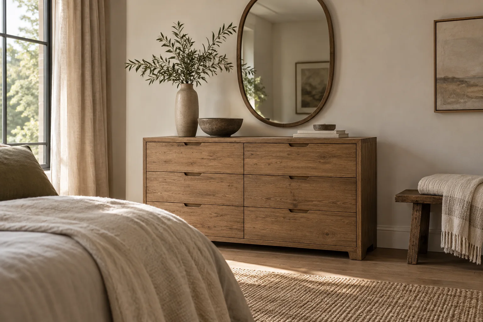 A bedroom dresser with a tall vase and low bowl