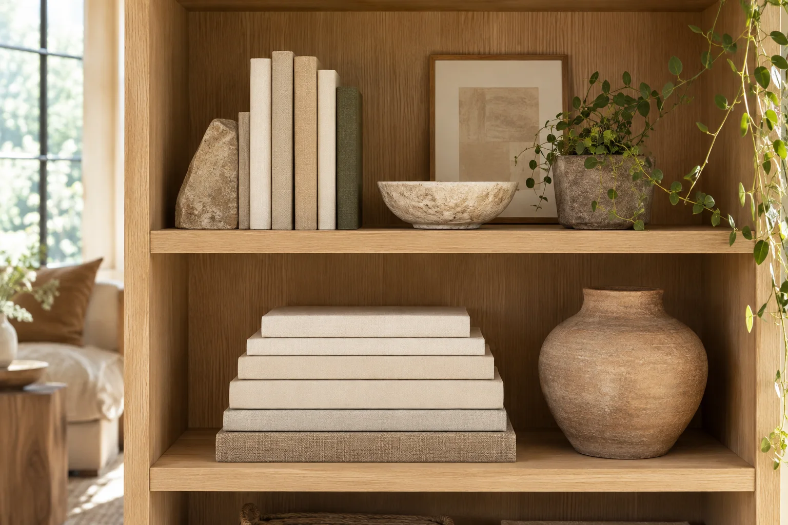 Horizontal book stacks and a rounded vase on pale oak shelves