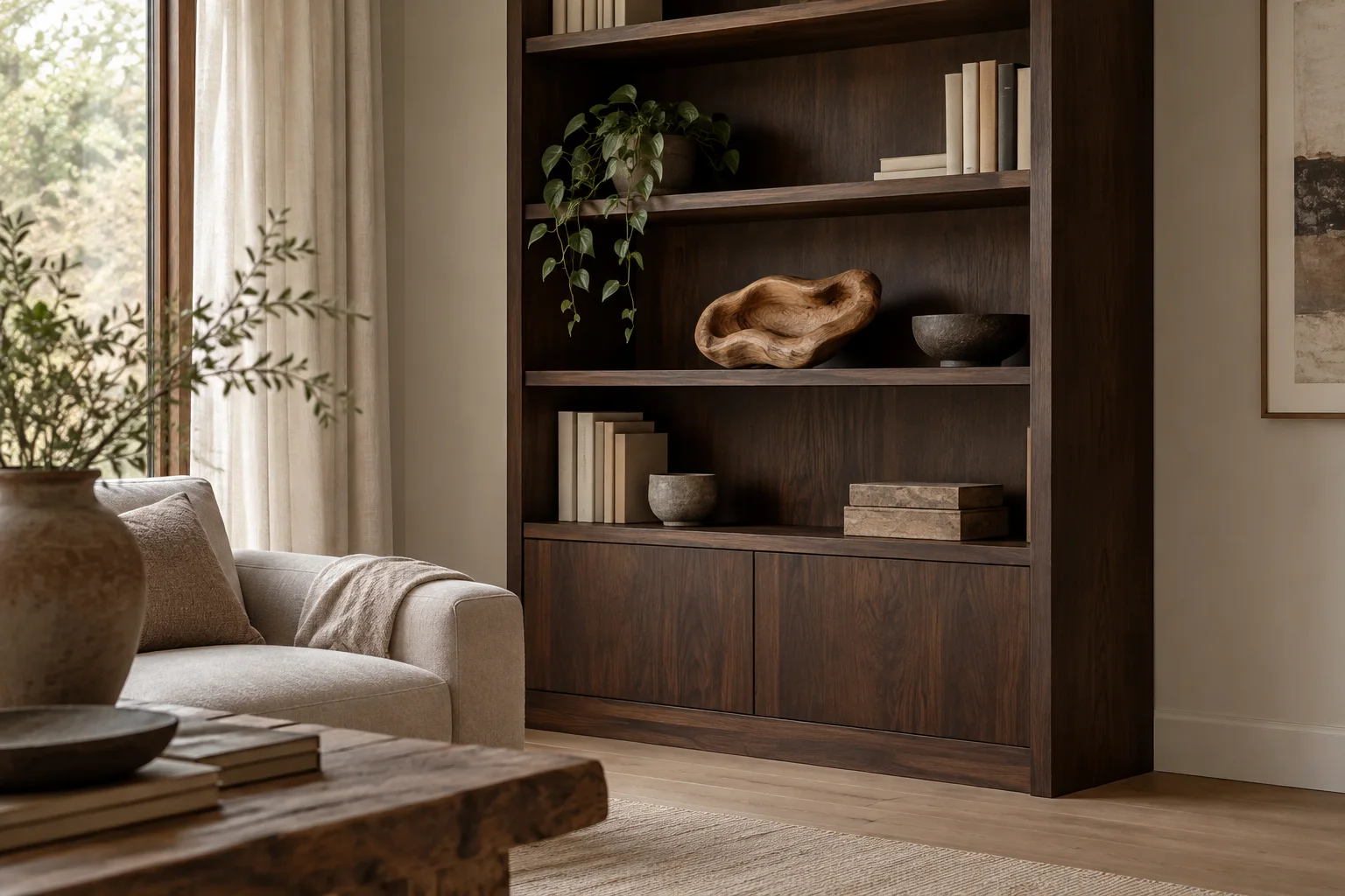 A light wooden sculpture and greenery on a walnut bookcase