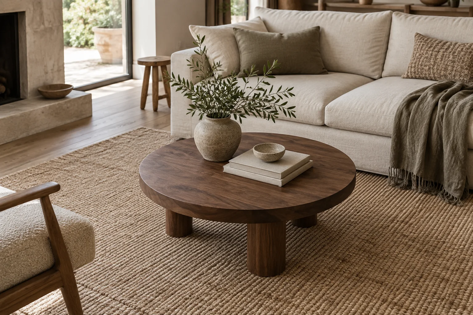 A small book stack and low accent on a round coffee table