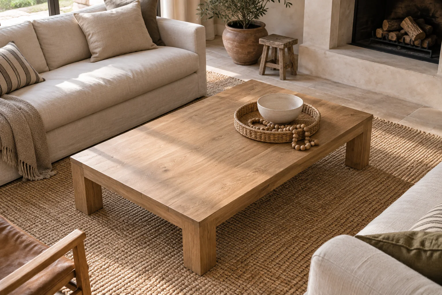 A tray, bowl and wood beads in one corner of a large coffee table