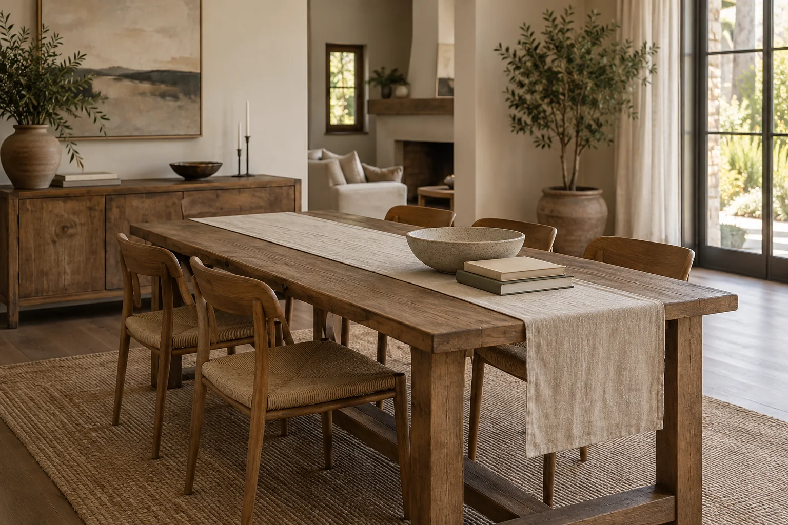 A low bowl on a dining table with clear place-setting space