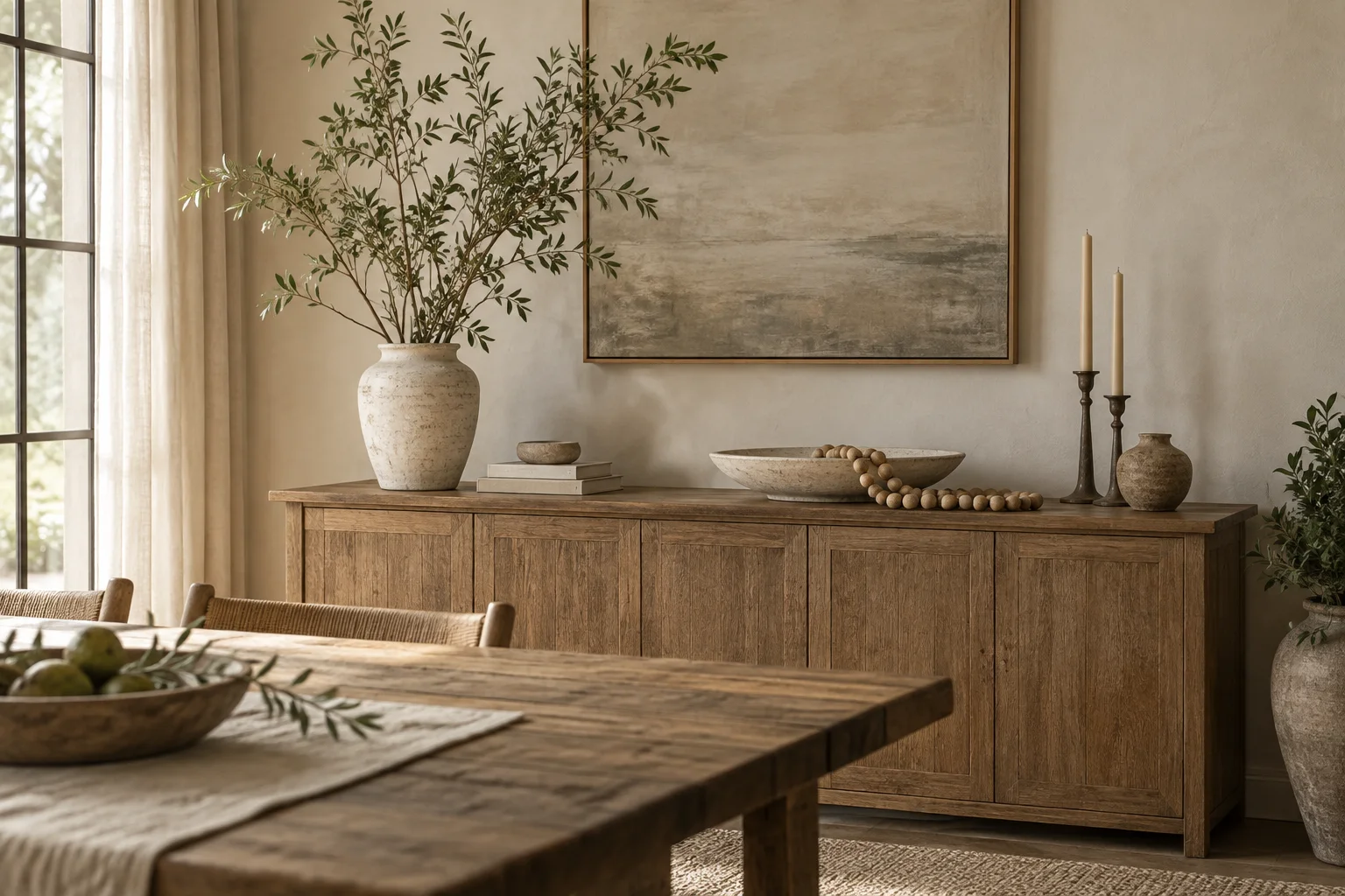 A leafy arrangement and wood beads on a dining sideboard