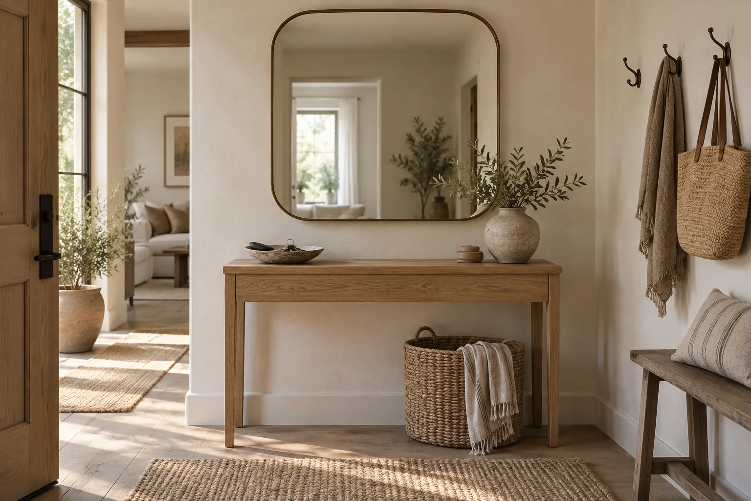 A key dish and small vase on a narrow entry console