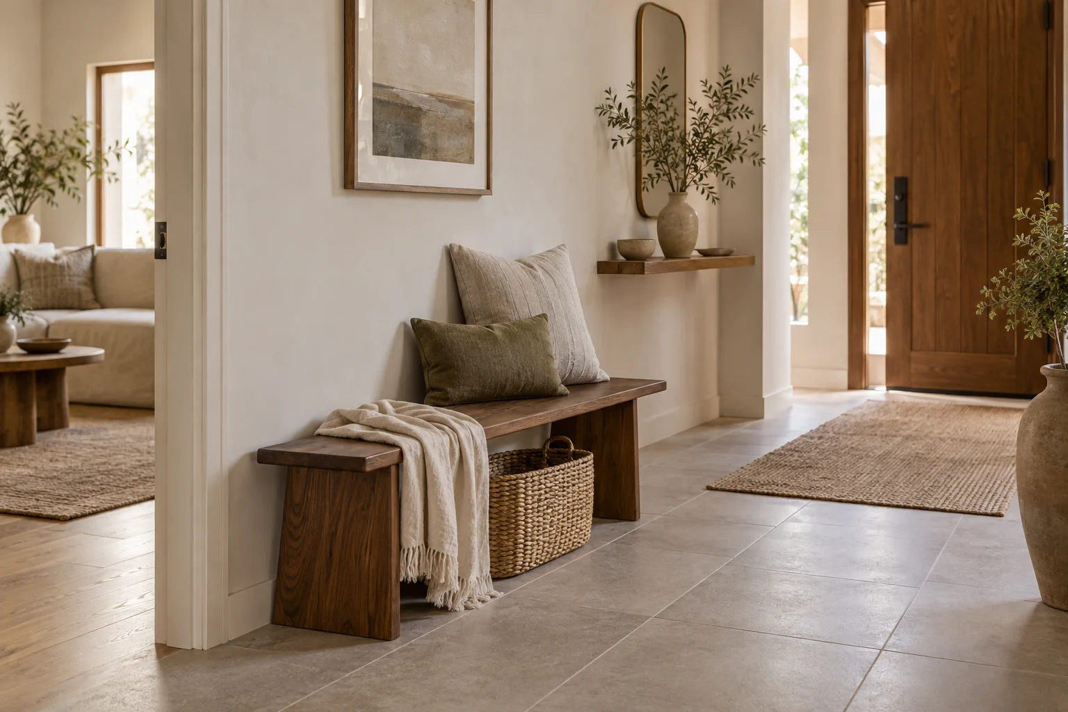 An entry bench with a basket and a lightly decorated wall shelf