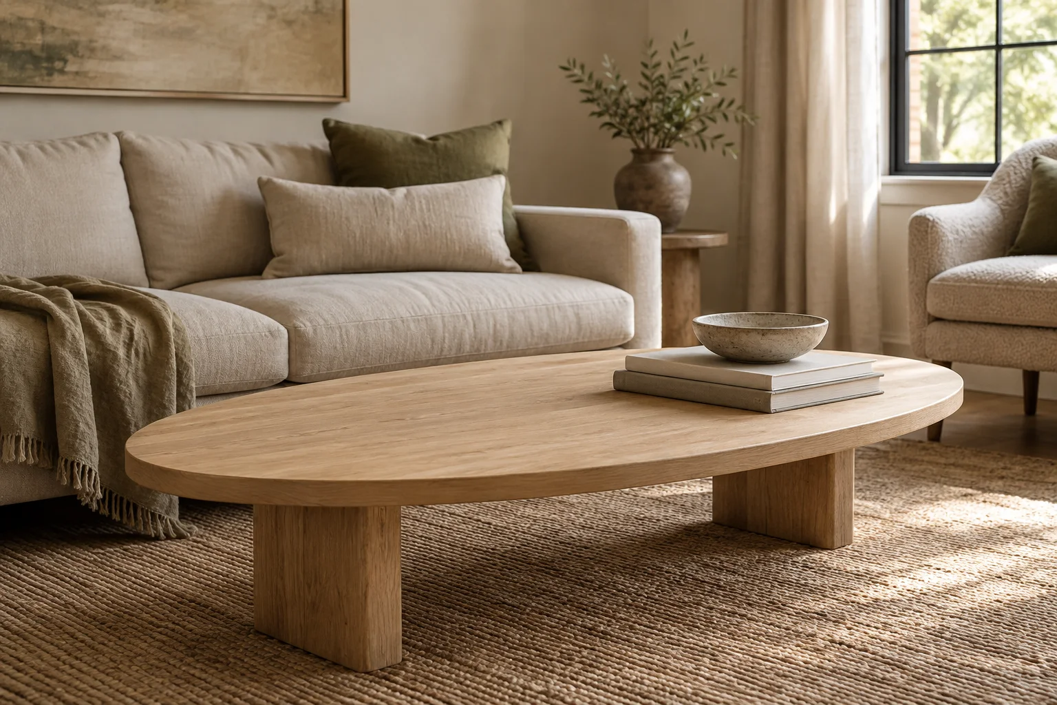A low book stack and bowl on an oval living room table