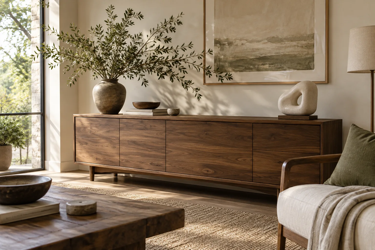 A branch arrangement and sculpture on a walnut sideboard