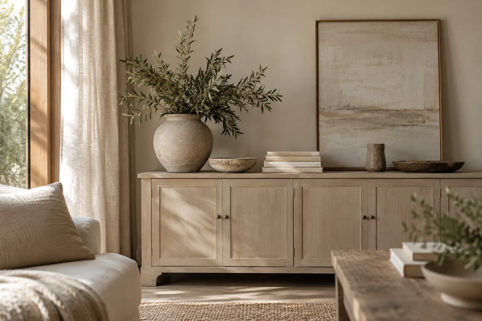 Ivory books and sand-colored pottery on a chalk sideboard