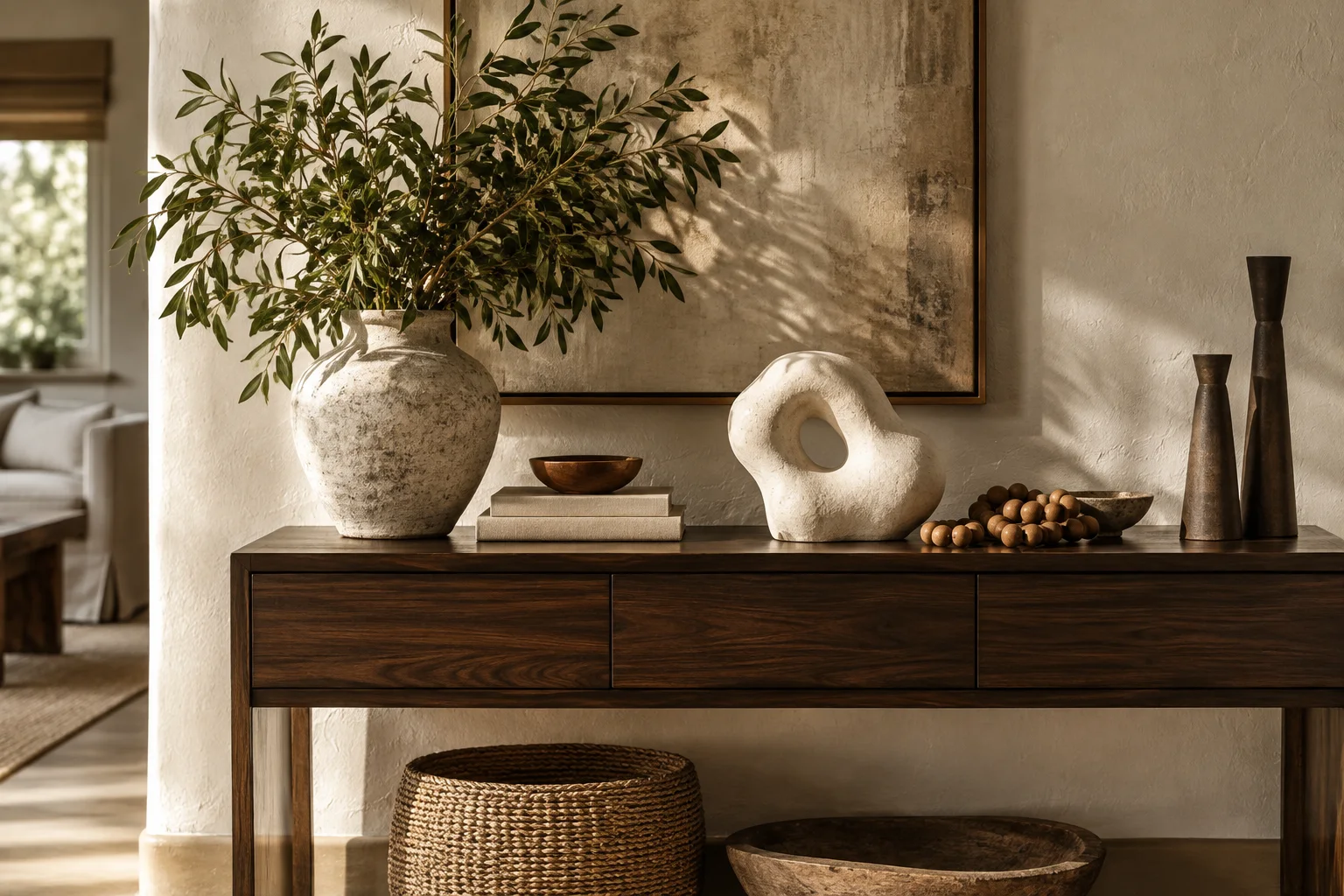 Cream sculpture, wood beads and greenery against warm walnut