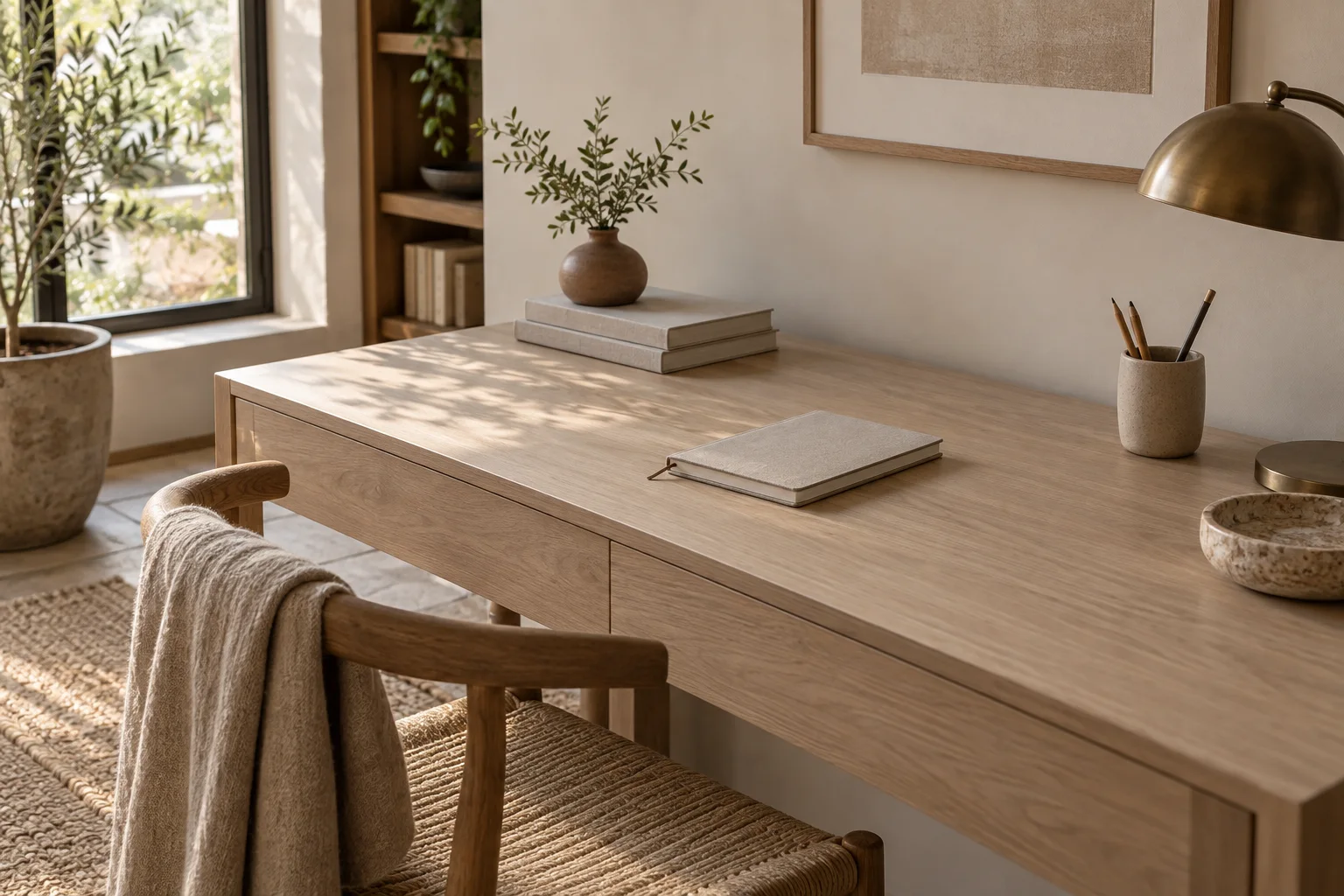 Storage books at the edge of a clear writing desk