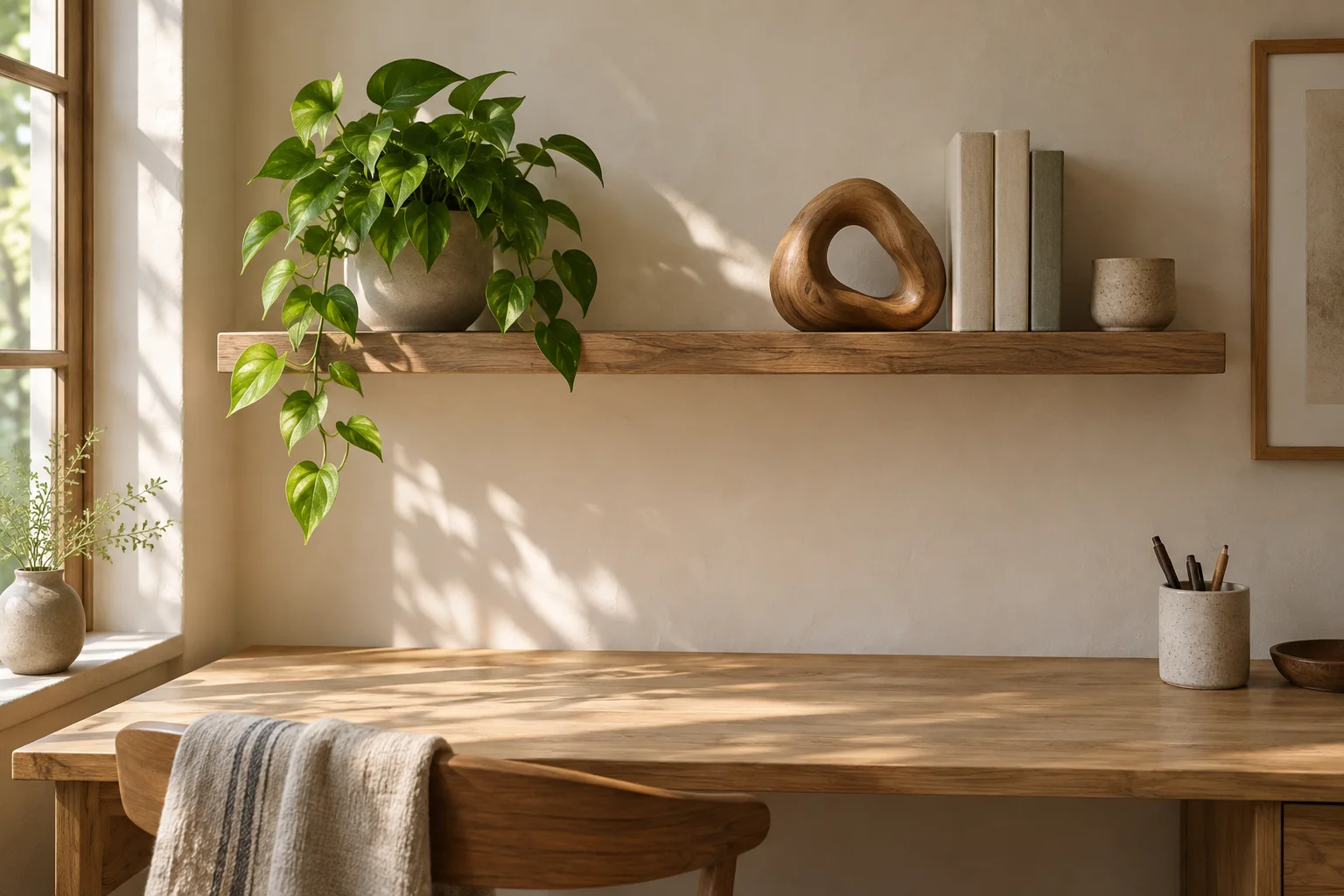 A small plant and wooden sculpture on a home office shelf