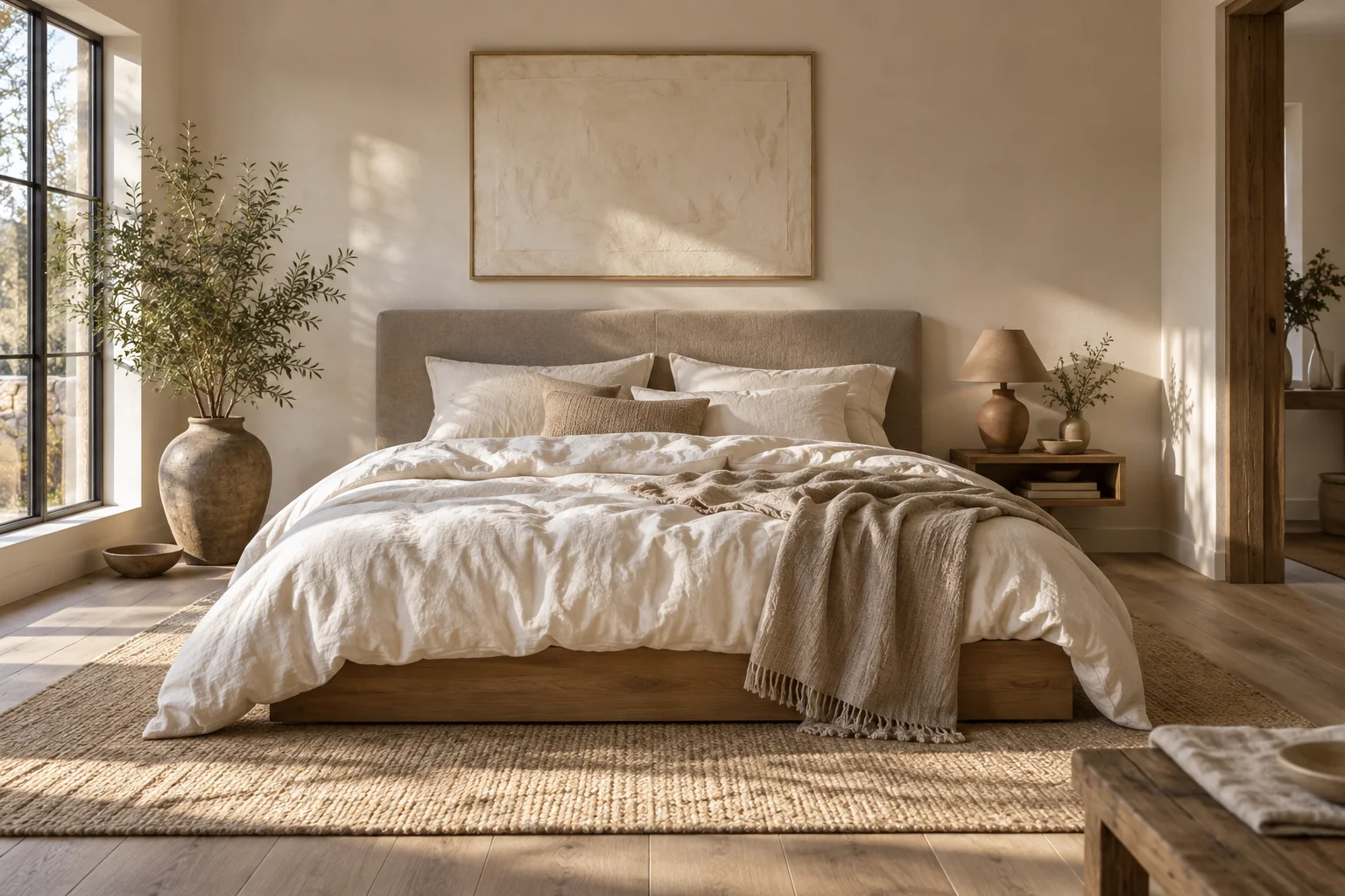 An oak bed with ivory linen and a compact bedside shelf