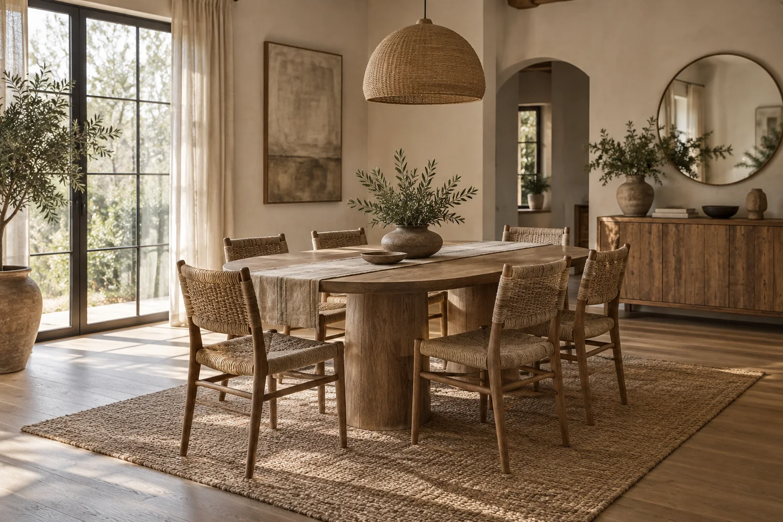An oval dining table with a low centerpiece and woven chairs