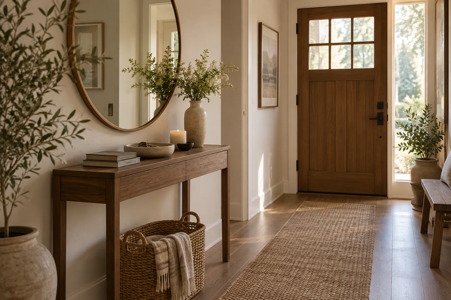 A shallow console and round mirror beside a clear entryway