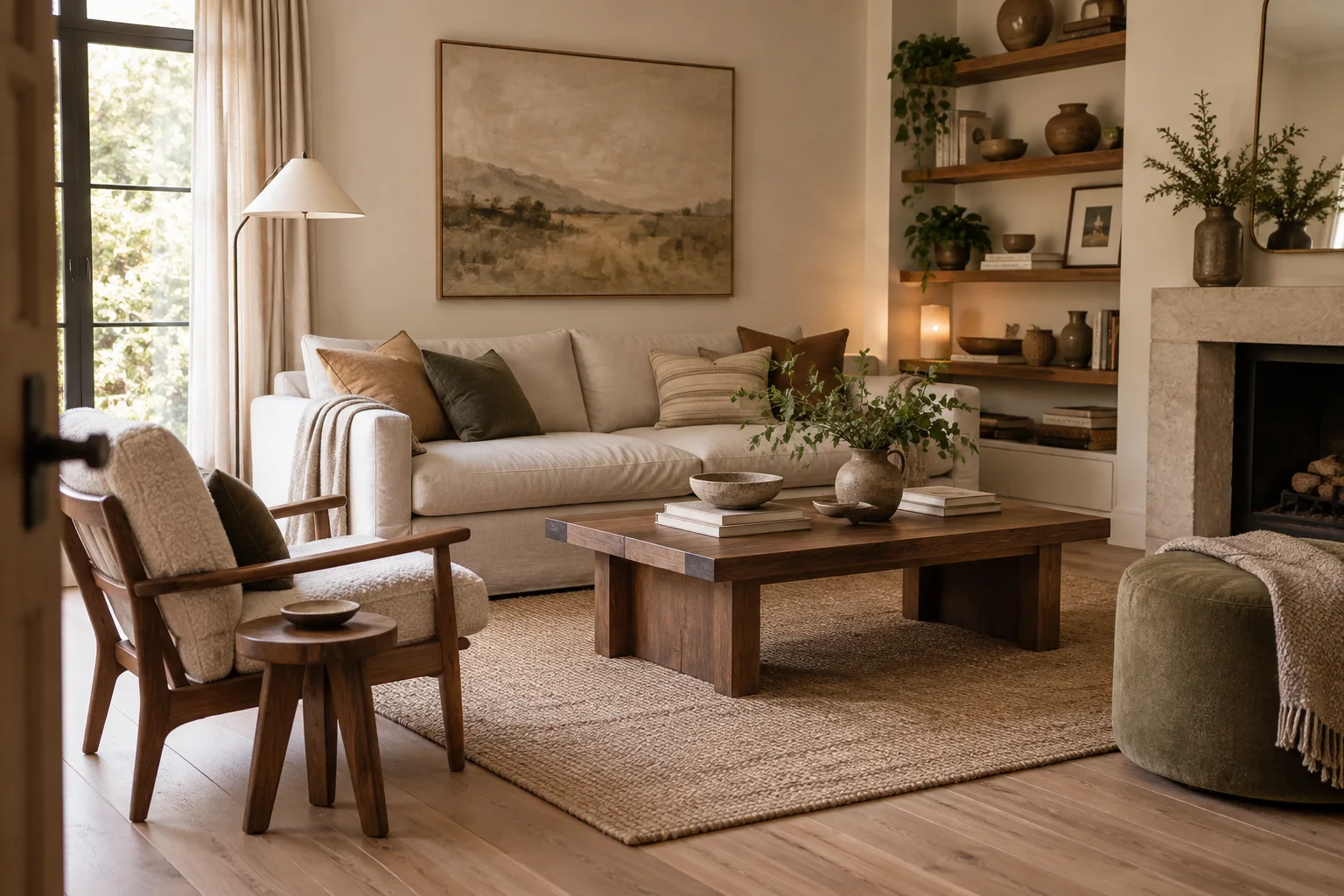 A pale sofa and walnut coffee table in an airy living room