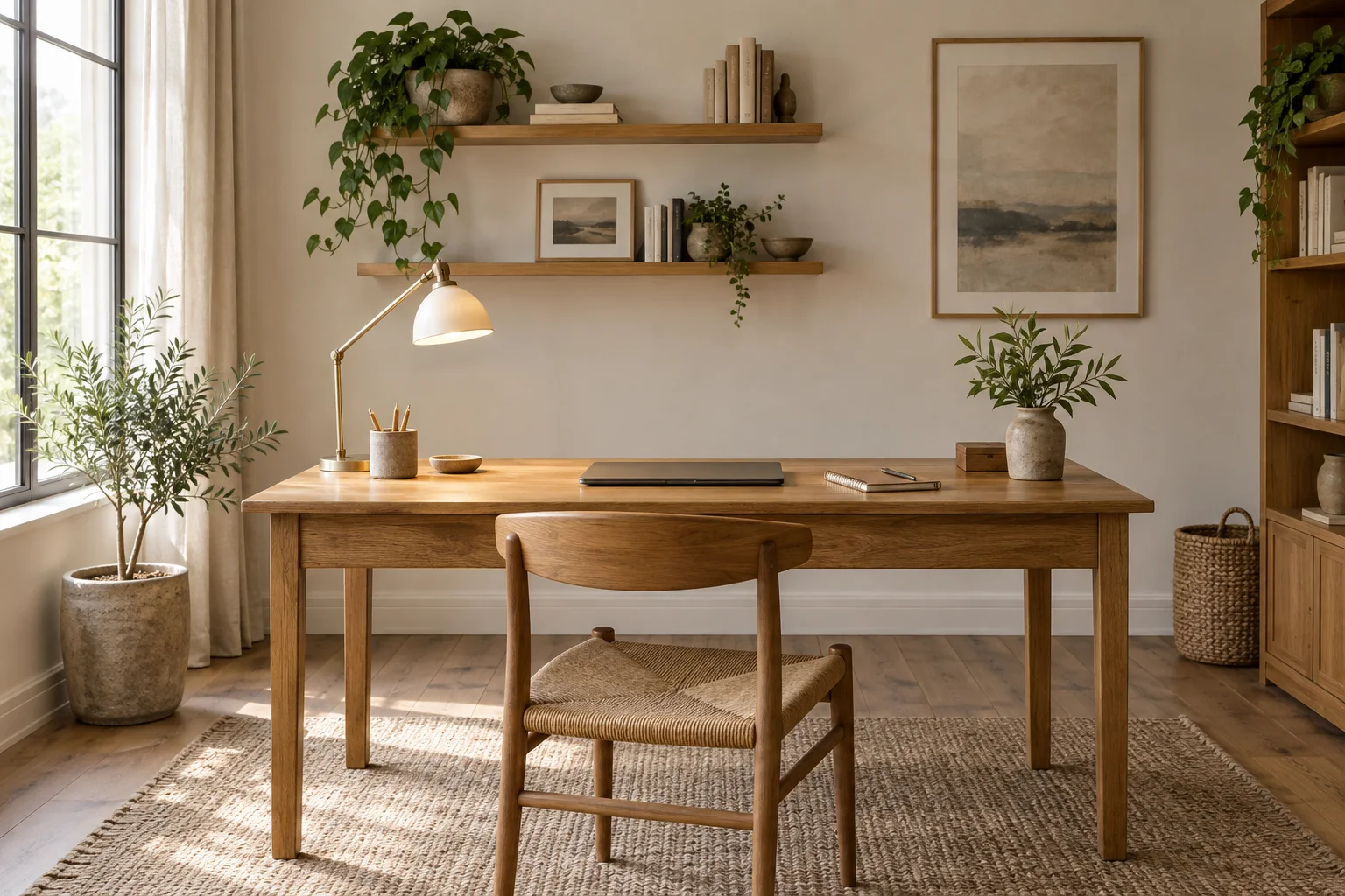 An uncluttered oak desk beneath a shelf with a small planter