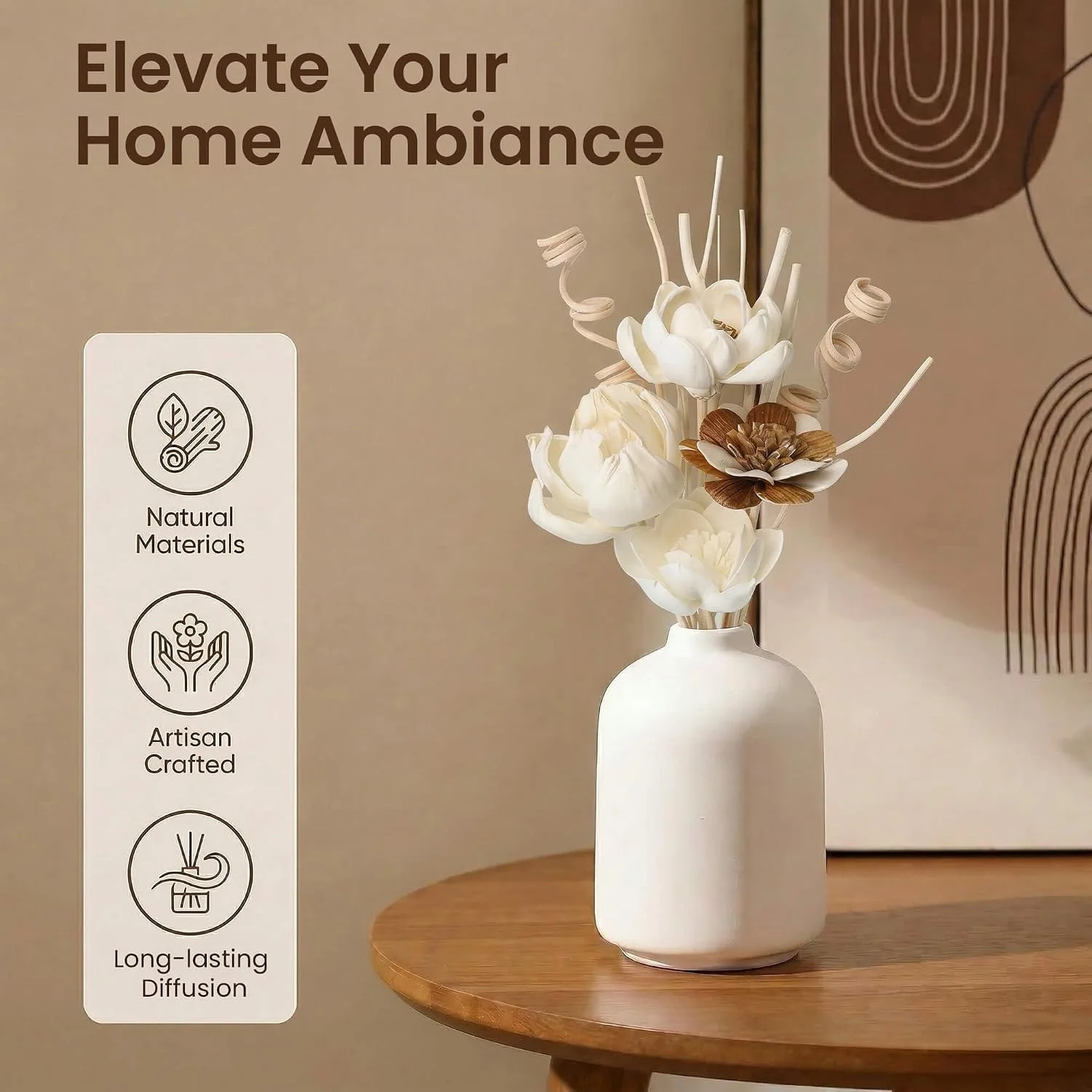 Decorative flower diffuser sticks, White: floral arrangement in a white vessel