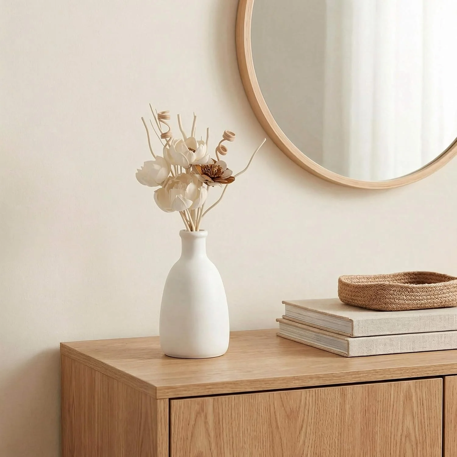 Decorative flower diffuser sticks, White: console arrangement
