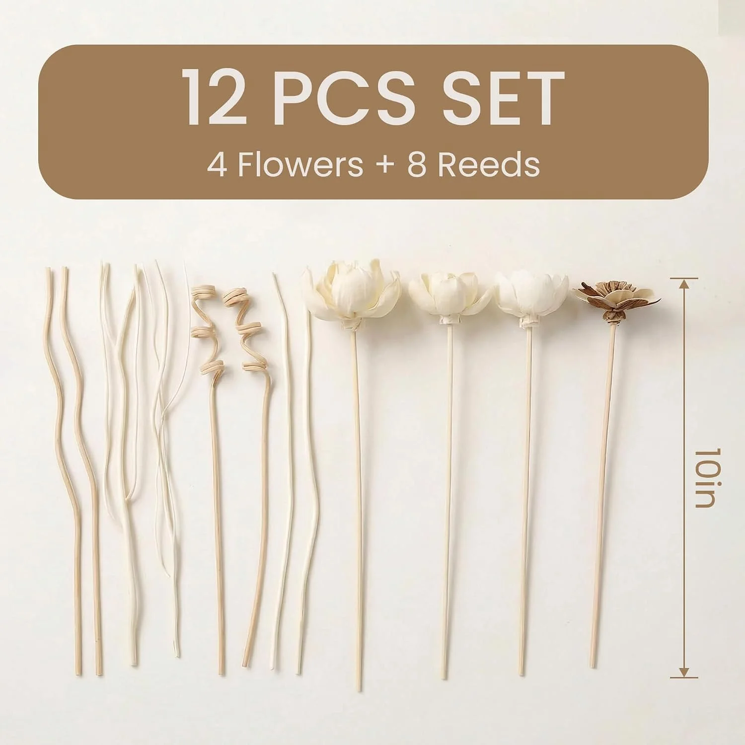 Decorative flower diffuser sticks, White: 12-piece set contents and length diagram
