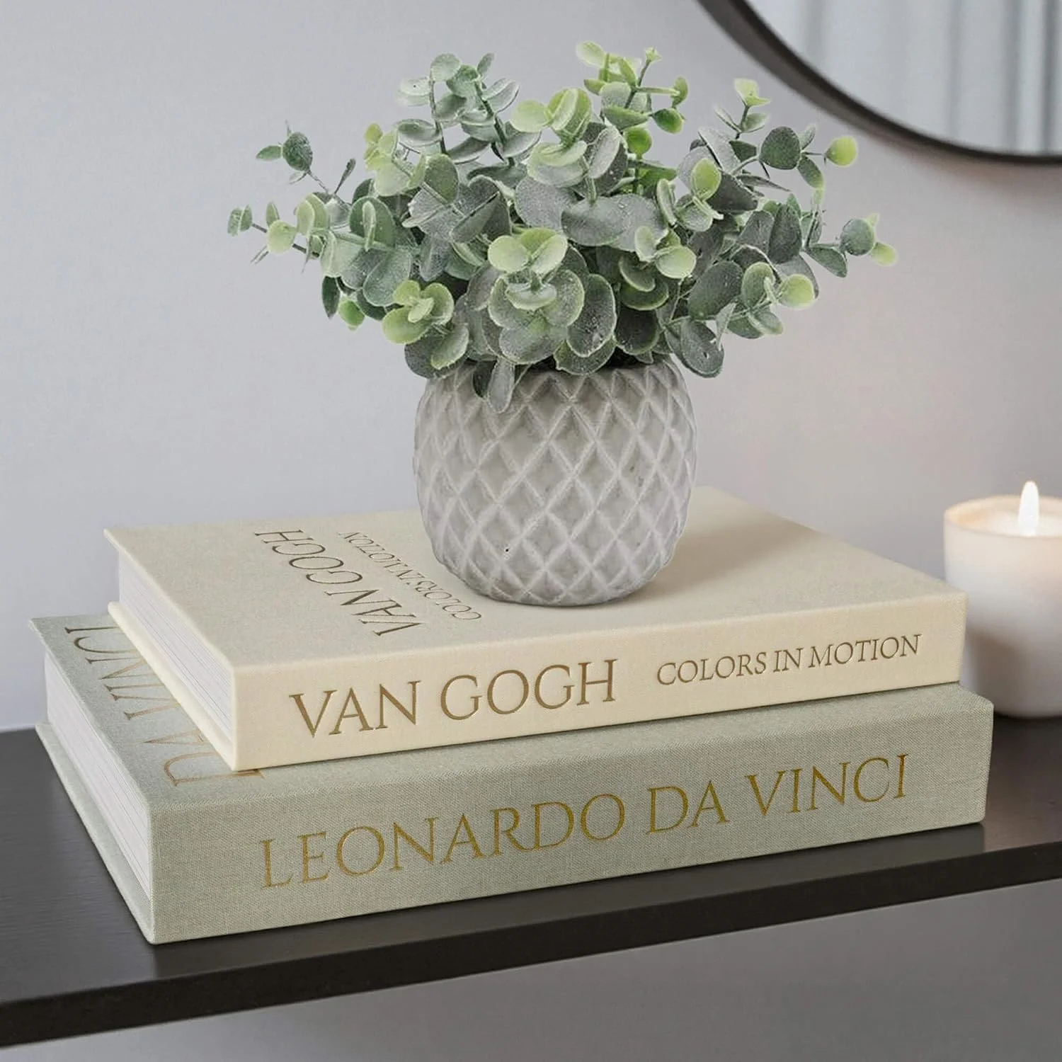 Gold-letter linen storage books, Sage-Beige: stack styled with a plant