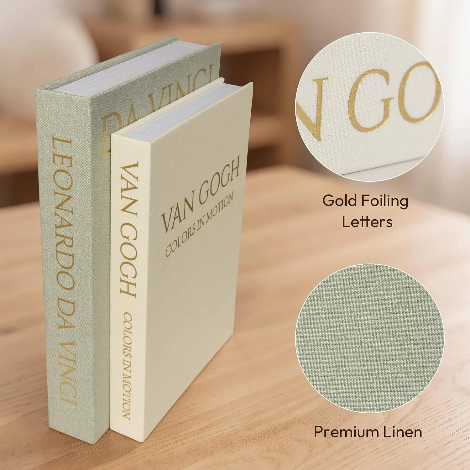 Gold-letter linen storage books, Sage-Beige: linen texture and gold lettering