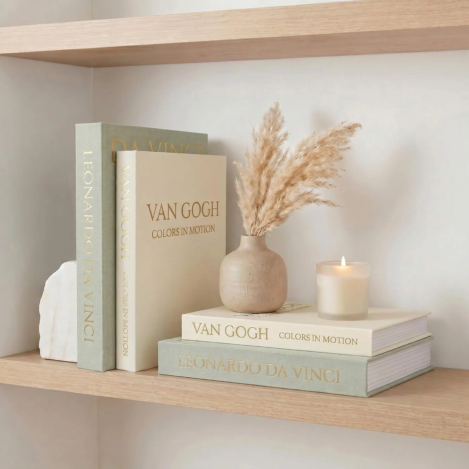 Gold-letter linen storage books, Sage-Beige: upright and stacked shelf display