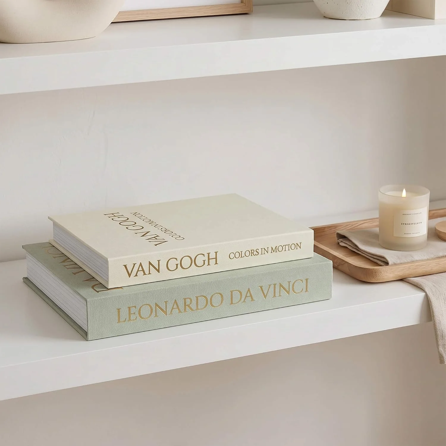 Gold-letter linen storage books, Sage-Beige: books on a white console