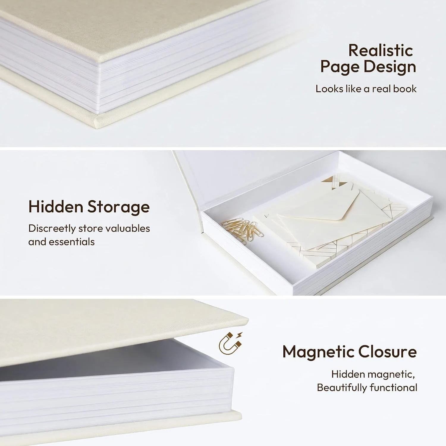 Gold-letter linen storage books, Sage-Beige: opening storage compartments and closure
