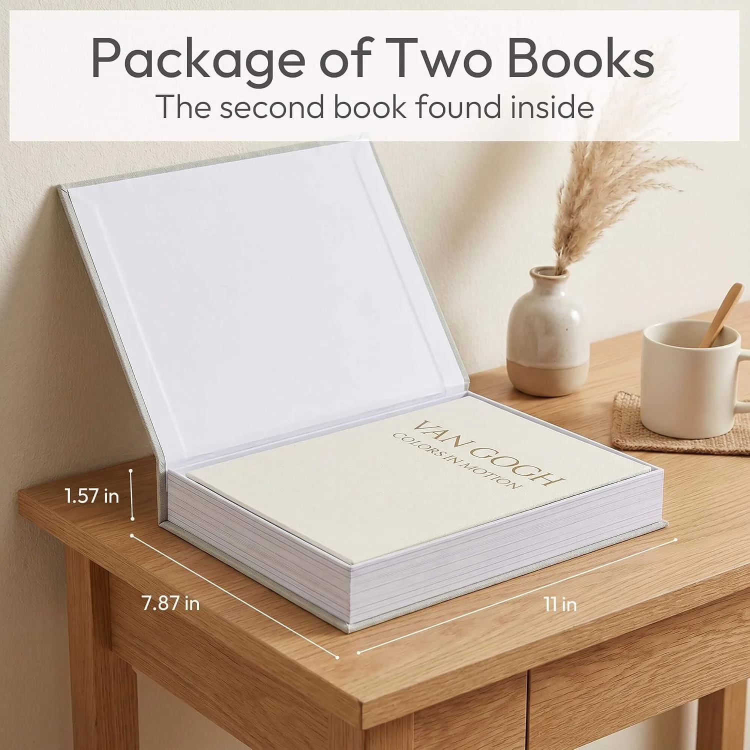 Gold-letter linen storage books, Sage-Beige: nested books and size diagram
