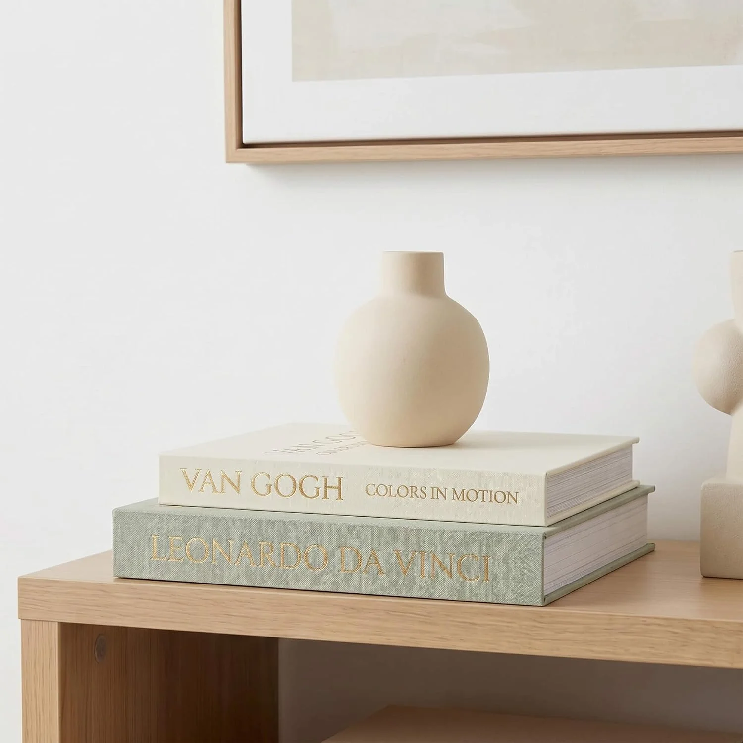 Gold-letter linen storage books, Sage-Beige: stack on a wooden console