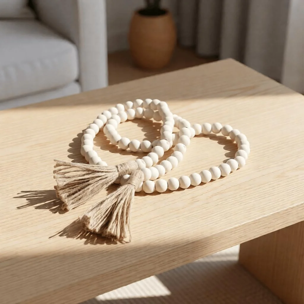 Wood bead garland with tassels, Natural Wood: garland on a wooden table