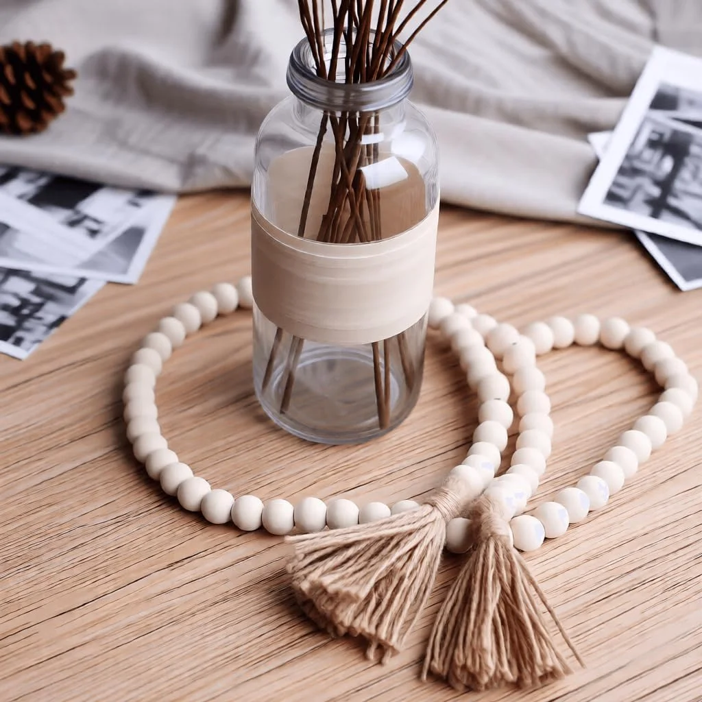 Wood bead garland with tassels, Natural Wood: garland around a bottle