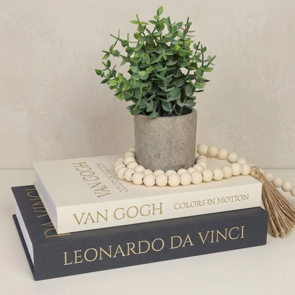 Potted faux eucalyptus pair, Sage Green: plant on decorative books