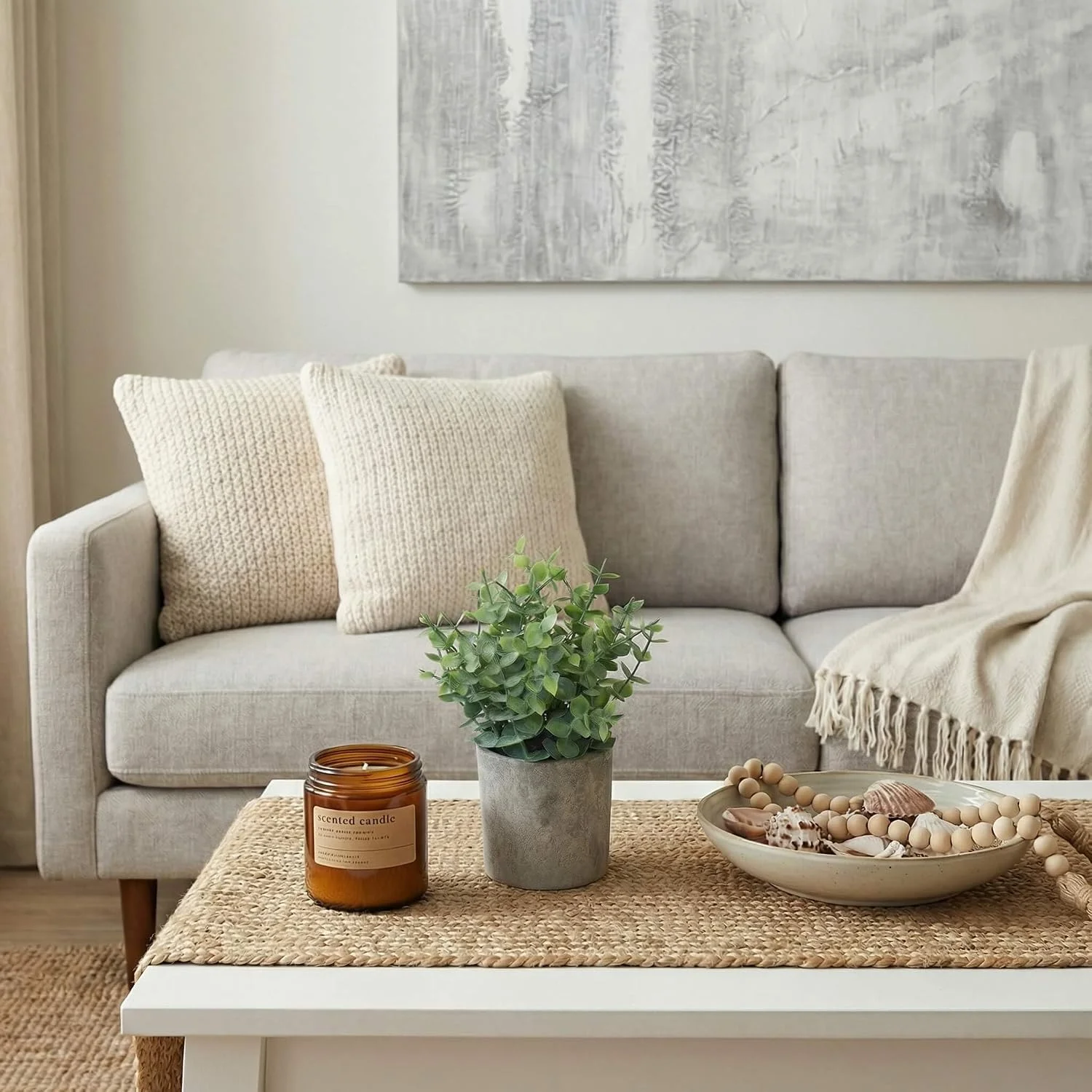 Potted faux eucalyptus pair, Sage Green: coffee table display