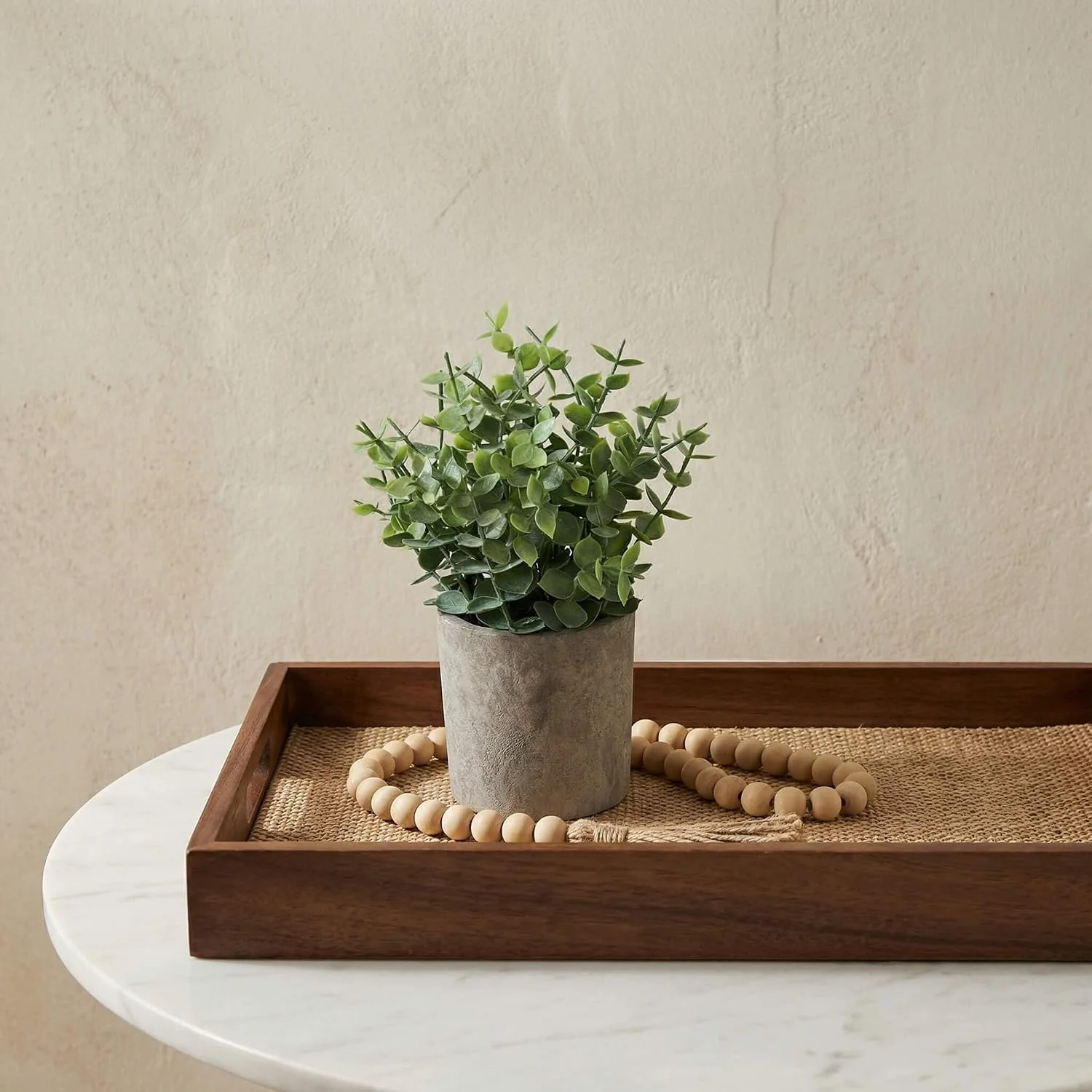 Potted faux eucalyptus pair, Sage Green: plant in a decorative tray